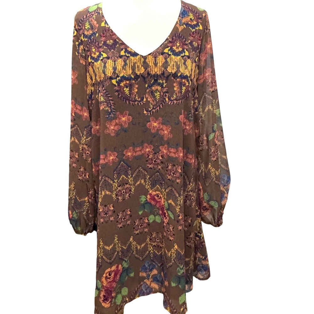 Mary & Mabel Shift Dress Women Medium Brown Excellent Floral Boho Chiffon V-Neck